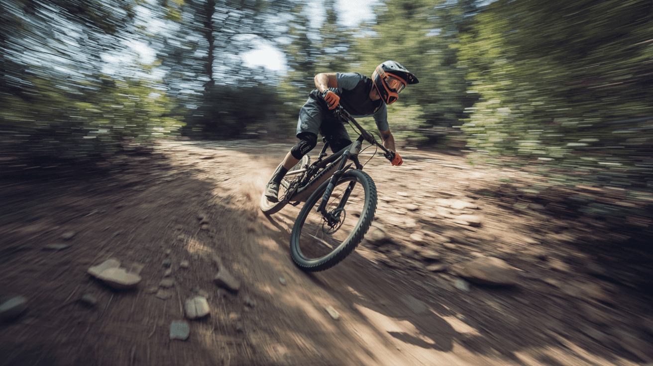Cyclist descending a mountain trail at sunset